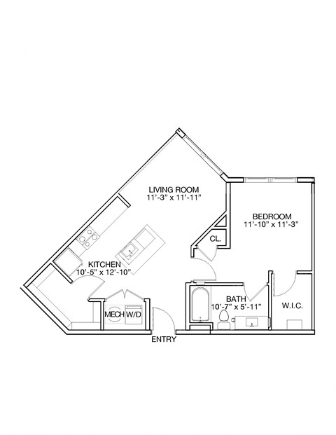 Floor plan for 1 bed, 1 bath, 745 sqft